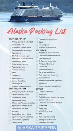 the alaska packing list is shown in blue and white with an image of a cruise ship