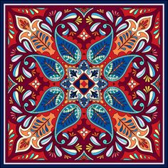 a red and blue floral design with leaves on the center, surrounded by other colorful flowers