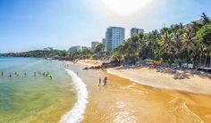 the beach is crowded with people and palm trees