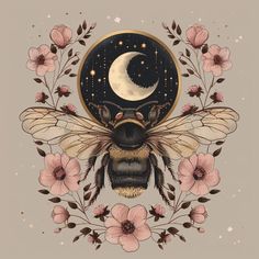 a bee sitting on top of a flower covered ground next to a moon and stars