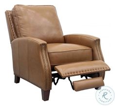 a tan leather reclining chair with footstool and ottoman in front of a white background