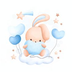 a cute little bunny sitting on top of a cloud with balloons in the shape of stars