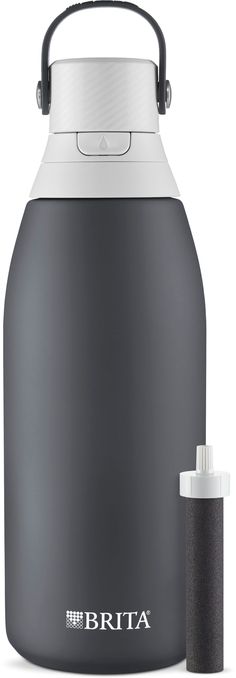 the brita electric kettle is shown with its lid open and water bottle next to it