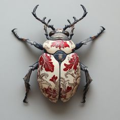 a bug with red and white designs on it's body, sitting on a gray surface