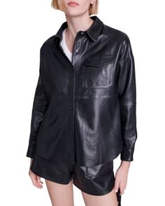 Maje Cameo Leather Shirt Leather Tops Women, Leather Tops, Leather Shirt, Leather Outfit, Shirt Collar, Leather Top, New Collection, Leather Women, Black Shirt