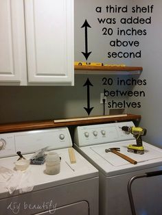 a washer and dryer sitting next to each other in a room with white cabinets