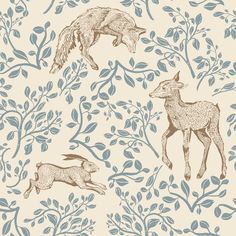 two deers are standing in front of some blue leaves on a beige background with white flowers