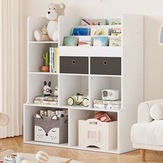 a white book shelf filled with lots of books