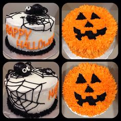 four pictures of halloween cakes with pumpkins and spider web decorations on the top one