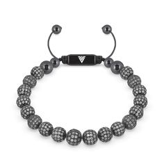 Front view of an 8mm Steel Pave crystal beaded shamballa bracelet with black stainless steel logo bead made by Voltlin Shambala Bracelet, Steel Logo, Shamballa Bracelets, Pave Beads, Black Nylon, Black Stainless Steel, Micro Pave, Black Nylons, Silver Bracelets