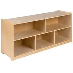 a wooden shelf with multiple compartments on each side