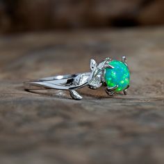 Silver Leaf Branch Kiwi Green Opal Ring Green Opal Cabochon Ring, Green Opal Ring Gift, Green Opal Ring As A Gift, Green Opal Ring For Anniversary, Anniversary Green Opal Ring, Green Sterling Silver Opal Ring For Promise, Blue Opal Ring, Light Green Color, Leaves Design