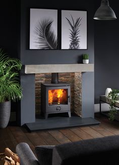 a wood burning stove in a living room with two paintings on the wall above it