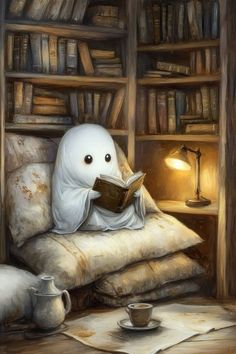 a ghost reading a book while sitting on a couch in front of a bookshelf