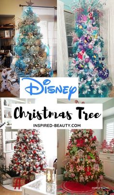 christmas tree decorated with disney characters and other holiday decorations in various styles, colors and sizes