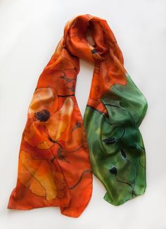 Hand Painted Poppies scarf. Silk scarf painted in tangerine. Bright summer scarf/ Large floral scarf in orange/ Hand painted silk. SIlk scarves handpainted. Luxury shawl scarf painted/ Vivid colored scarf. I painted this scarf with care for detail using my floral sketches SS18K measurements is 17 by 71 inches this is 45 by 180 cm painted on pure silk ponge 6 The hand painted scarf will be a unique gift for Mothers Day. MADE TO ORDER LISTING I never use stencils or guides.All my scarves are one o Orange Silk Scarf For Summer Gift, Elegant Orange Silk Scarf For Gift, Elegant Orange Silk Scarf As Gift, Elegant Orange Silk Scarf, Silk Orange Scarves As Gift, Silk Orange Scarves As A Gift, Orange Silk Scarves As Gift, Orange Silk Scarves As A Gift, Orange Poppies