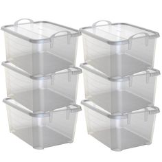 four plastic storage containers with lids on each side and one lid closed to show the bottom