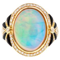 Stunning, timeless and classy eternity Unique Ring. Decorate yourself in luxury with this Gin & Grace Ring. The 14K Yellow Gold jewelry boasts with Oval-Cab Ethiopian Opal 1 pcs 5.40 carat, Onyx (8pcs) 0.39 carat, Natural Round-cut white Diamond (58 Pcs) 0.31 Carat accent stones for a lovely design. This Ring is weight 6.42 grams. Crafted with 14K Yellow Gold, this delicate Ring is polished to a high finish shine. Gin And, Chinese Art Deco, Vintage Style Rings, Yellow Gold Jewelry, Unique Ring, 14k White Gold Ring, Delicate Rings, Yellow Gold Ring, Yellow Gold Rings