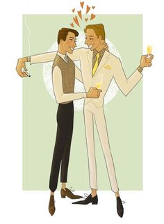 two men in suits are holding champagne glasses and pointing at each other with their arms