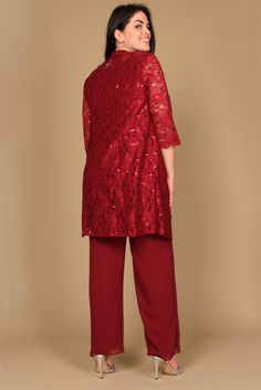 This modest mother of the bride/groom pant set featuring a sleeveless, round neckline with 3/4 sleeve lace shell jacket and chiffon pant. Perfect for for formal, evening party or any special occasion.Fabric : Lace, ChiffonClosure : Zipper BackLength : Long Sleeve Style : SleevelessColors : Burgundy, Mauve, Navy Blue, Royal Blue, Silver, SandSizes : S, M, L, XL, XL, 2XL, 3XL, 4XL, 5XLFully LinedSoft Cup InsertsOccasion : Formal, Evening Party, Mother of the Bride, Mother of the Groom, Church, Wed Bride Pant Suit, Plus Size Pant Suits, Mother Of The Bride Jackets, Bride Jacket, Chiffon Pants, Colorful Dresses Formal, Accessory Ideas, Plus Size Cocktail Dresses, Plus Size Party Dresses