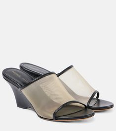 Marion leather and mesh wedge mules in black - Khaite | Mytheresa Spring Sunglasses, Minimal Shoes, Wedge Mules, High Sandals, Bridal Bag, Mid Heel Sandals, Classic Bags, Loafer Mules, Evening Shoes