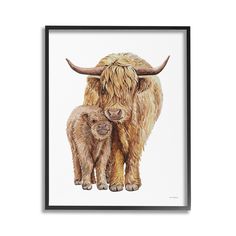 an illustration of a mother bison and her baby in front of a white background with black frame