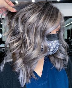 Balayage with Blonde and Gray Highlights Fun Gray Hair For Women, Mushroom Brown Hair With Grey Highlights, Highlight For Grey Hair, Hair Color To Hide Grey Hair Roots, Grey Blended Highlights, Gray Blending With Lowlights, Peekaboo Gray Hair, Smoky Ash Brown Hair