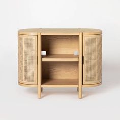 the sideboard is made out of wood and has an open shelf on one side