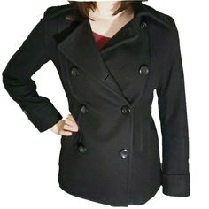 Premium quality guarantees that our women's wool pea coat will keep its good looks and retain its remarkable softness for season after season. Size and Fit Relaxed fit. Best with midweight layer. Falls below hip. Casual style is slightly shaped for a flattering, non-bulky fit, even over a sweater. Open Side Pockets Size 2 petite Dry Clean Excellent condition. Solid Pea Coat With Button Closure For Fall, Solid Pea Coat With Buttons For Fall, Double-breasted Pea Coat For Fall, Winter Pea Coat With Double-breasted Button Fastening, Double-breasted Pea Coat For Cold Weather, Double-breasted Pea Coat For Cold Weather In Fall, Fall Long Sleeve Peacoat, Casual Winter Pea Coat For Office, Long-sleeved Peacoat With Buttons For Fall