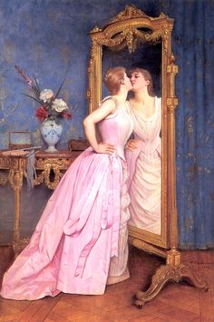 a painting of two women kissing in front of a mirror