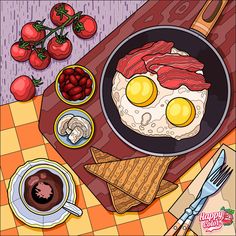 an image of eggs and bacon in a frying pan on a table with coffee