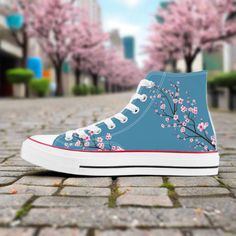 Blue Sky Sakura  High Top Canvas Shoes Shoes For Him, Women High Top Sneakers, Style Converse, Kawaii Shoes, White High Tops, Converse Style, Living Art, Hand Painted Shoes