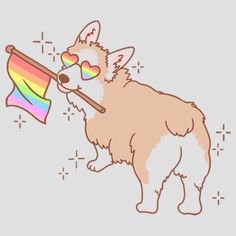 a dog holding a rainbow flag in it's mouth and wearing sunglasses on its nose