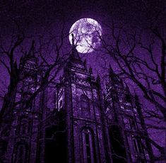 an old building with trees in front of it and a full moon behind the clock tower