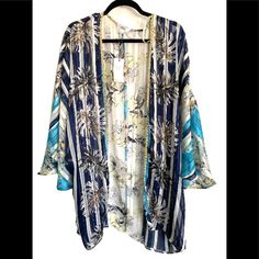 Metallic Trim And Highlights, Caftan Sleeves, Open Front , Polyester Blue One-size Beachwear Cover-up, Blue One Size Beachwear Cover-up, Blue Open Front Cover-up For Beach Party, Blue Tropical Kimono For Summer, Blue Kimono For Beach Vacation, Blue Long-sleeve Kimono For Summer, Blue Beach Kimono For Vacation, Blue Kimono With Kimono Sleeves For Day Out, Blue Beachy Open Front Cover-up