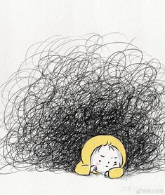 a drawing of a child laying in the middle of a pile of hair