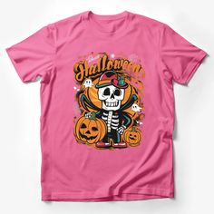 Halloween Skeleton Pirate Tee, Spooky Graphic T-Shirt, Fun October Wear, Holiday Fashion Shirt, Unique Pumpkin and Skull Design Male T-Shirt Custom graphic T-Shirt.Customize your color Halloween Fun Skull Print T-shirt, Spooky Pink T-shirt For Halloween, Halloween Pink T-shirt With Screen Print, Pink Halloween T-shirt With Screen Print, Fun Skull Print Crew Neck T-shirt, Halloween Skull Print Crew Neck T-shirt, Fun Short Sleeve T-shirt With Skull Print, Casual Pink T-shirt With Skull Print, Halloween Graphic Tee With Skull Design