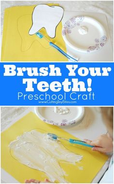 Dental Health Preschool Craft-- Brush Your Teeth!  Fun process art activity to use during a dentist or tooth theme week. Teeth Preschool, Dental Health Preschool Crafts, Health Preschool, Sikat Gigi