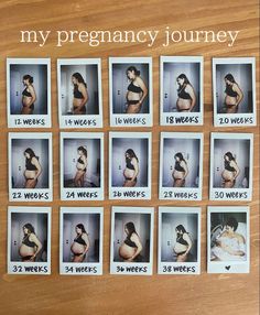 a wooden table topped with pictures of pregnant women and the words, my pregnant journey