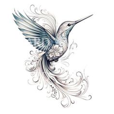 a hummingbird flying through the air with swirls and flowers on it's wings