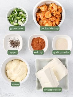 the ingredients to make shrimp salad in small bowls