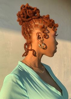 Ginger Spice Locs, Bronze Locs Black Women, Locs In The 70s, Loc Styles Medium Curls, Strawberry Blonde Locs Black Women, Copper Hair On Black Women Locs, Auburn Color Locs, Brown And Orange Locs, Formal Loc Updo