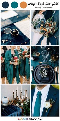 a collage of different color schemes for a wedding with blue and green colors, including black