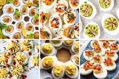 several different types of deviled eggs with various toppings