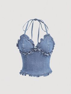 Azul lavado medio Sexy Collar sin mangas Mezclilla Liso Top Embellished Estiramiento medio Denim Top Outfit Ideas, Corsette Tops, Denim Festival, Rave Festival Outfits, Concert Top, Denim Top Women, Easter Tops, Dark Blue Shirt, Cute Summer Tops