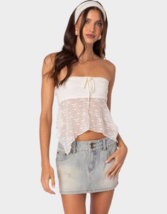 Whether You Want To Wear This Top On Its Own For Your Next Beach Vacation, Or Throw It Over Your Favorite Swimsuit, The Sheer Embroidered Fabric Is The Perfect Fit To Give You Vacation Vibes All Summer. Top. Asymmetric Hem. Strapless Fit. Lined Bust. Front Tie Detail. Sheer Embroidered Fabric. 95% Polyester, 5% Spandex. Model Wears Size S. Model Height Is 5'7. Item Care: Wash With Similar Color. | Edikted Embroidered Sheer Strapless Top Flannel Sweatshirt, Graphic Trends, Swimwear Dress, Embroidered Fabric, Knitted Tank Top, Asymmetric Hem, S Models, Halter Top, Set Dress