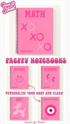 a pink notebook with the words pretty notebooks written on it and an image of a smiley