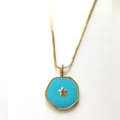 Same Day Shipping Material: Copper, 18k Gold Plated, Enamel No Chain Blue 14k Gold Medallion Necklace, Turquoise Pendant, Blue Gold, 18k Gold, Color Blue, Gold Plate, Copper, Plating, Necklaces