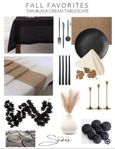 a collage of black and white items including table cloths, candles, forks, spoons