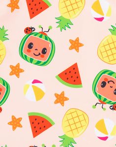 a pink background with watermelon, pineapples and other fruit on it